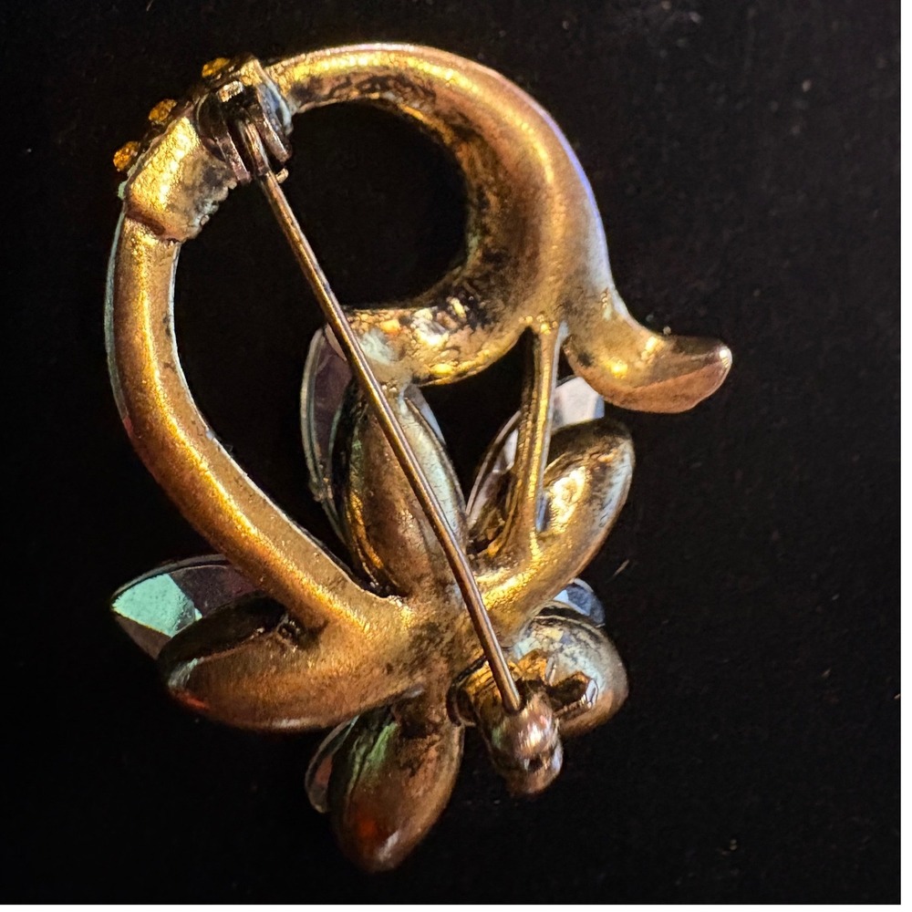 Vintage Amber Flower Brooch Antique Gold Tone Yellow Rhinestone Floral Pin - Picture 4 of 5